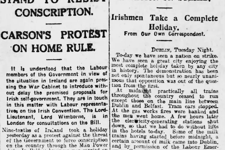 Irish Labour Party declares one-day strike in protest over conscription act Anglo-Irish agreements