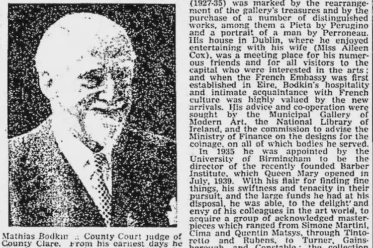 Thomas Bodkin, lawyer and professor, is born in Dublin