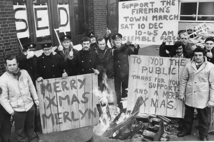 Start of firemens strike which lasted for two months; cover was provided by the army with their out of date green goddess fire engines.