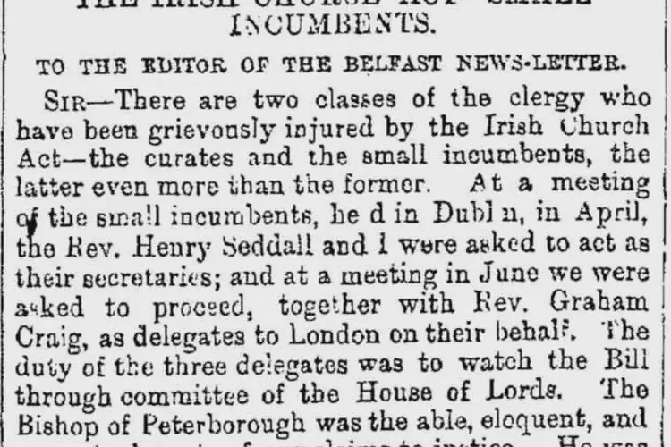 Gladstone's Irish Church Act which disestablishes the Church of Ireland takes effect