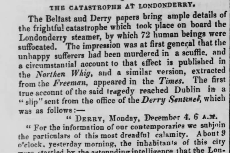 The paddle steamer The Londonderry, with immigrants fleeing the famine, takes shelter in Derry harbour