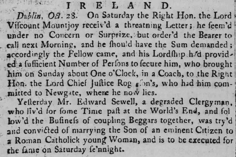 Rev. Edward Sewell, a couple-beggar, is hanged at Stephen's Green