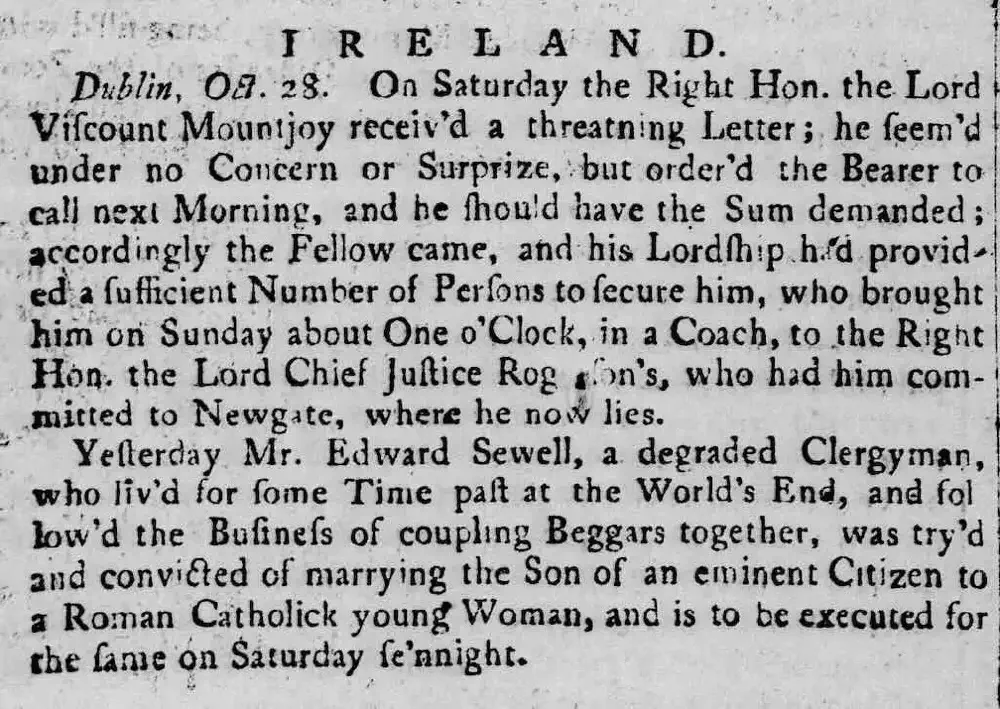 Rev. Edward Sewell, a couple-beggar, is hanged at Stephen's Green